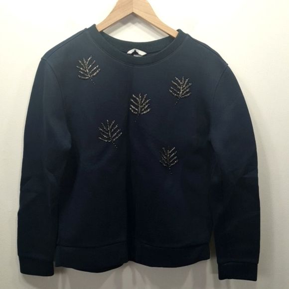 H&M Navy Blue Beaded Longsleeves Crewneck Sweatshirt Women's Size S - Picture 2 of 16